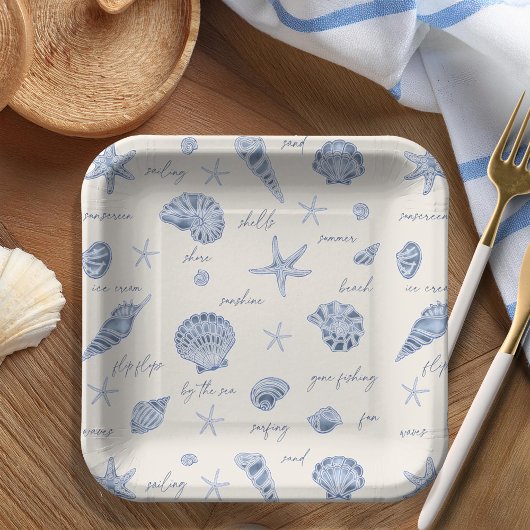 Muscheln Starfish Sun Fun Text Blau ID918 Pappteller