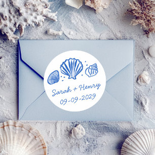 Muscheln Strand Hochzeit Blau Weiß INDIVIDUELL Runder Aufkleber