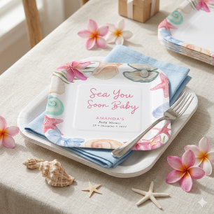 Muscheln Strand Meer sehen dich bald Baby Shower Pappteller