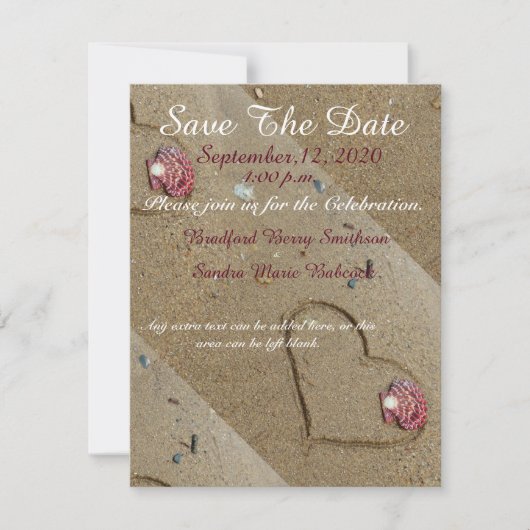 Muscheln und Herz im Sand Save the Date laden (Vorderseite)
