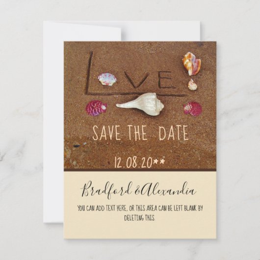Muscheln und Liebe für Hochzeiten am Strand Save The Date (Vorderseite)