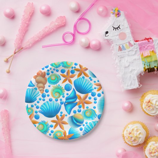 Muscheln und Muster des Starfish Ozeans Pappteller (Party)