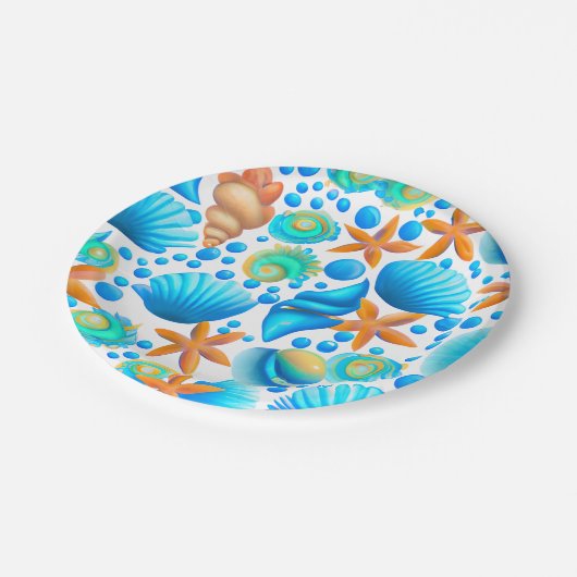 Muscheln und Muster des Starfish Ozeans Pappteller (Schrägansicht)