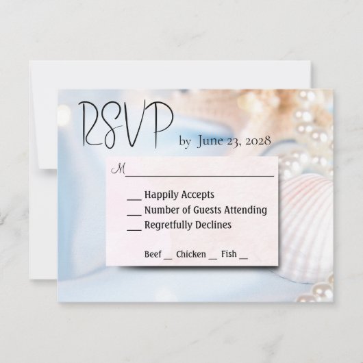 Muscheln und Perlen von Hochzeiten am Strand RSVP Karte (Vorderseite)