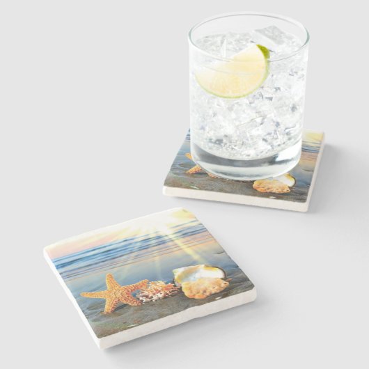 Muscheln und Seestern am Strand Steinuntersetzer (Seitenansicht)