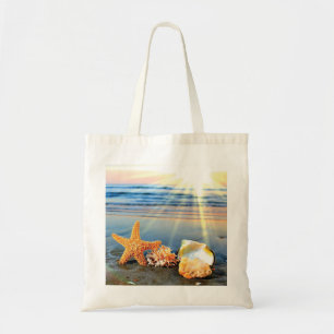 Muscheln und Seestern am Strand Tragetasche