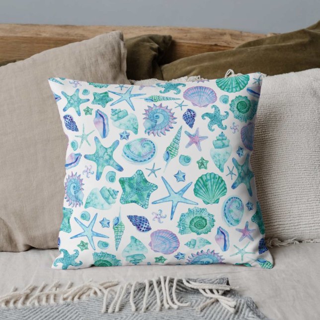 Muscheln und Starfish an der Wasserfarbe Kissen (Watercolor Coastal Sea Shells and Starfish Throw Pillow)