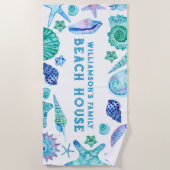 Muscheln und Starfish Family Beach House Strandtuch (Vorderseite)