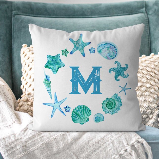 Muscheln und Starfish Mit Monogramm Kissen (Watercolor Sea Shells and Starfish Monogrammed Throw Pillow)