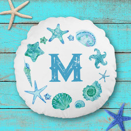 Muscheln und Starfish Mit Monogramm Rundes Kissen