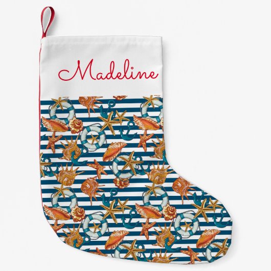 Muscheln und Verankerungsmuster| Name hinzufügen Kleiner Weihnachtsstrumpf (Vorderseite)