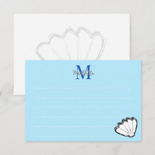 Muschelskizze Weiß Und Blau Liniiertes Monogramm Mitteilungskarte
