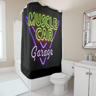 Muscle Car Garage Neuron Blau grün signieren Duschvorhang
