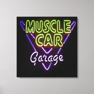 Muscle Car Garage Neuron Blau grün signieren Leinwanddruck