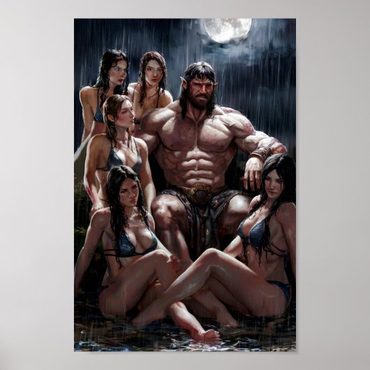 Muscular Barbarian Surrounded by Sexy Women Poster (Vorne)