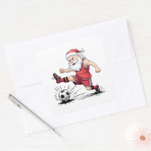 Muscular Soccer Santa Kicking Ball Quadratischer Aufkleber (Umschlag)