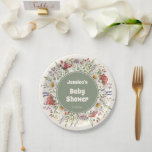 Mushroom Baby Shower  Pappteller<br><div class="desc">Mushroom Baby Shower paper plates featuring whimsical watercolor toadstool mushrooms, wildflowers, lavender, and leafy greenery with an earthy sage center. Cute table wear and party decorations for a forest mushrooms themed baby shower, perfect for a Whimsical, cute, Earthy Baby Shower aesthetic. Ideal for dessert tables, brunch spreads, snacks, and cake,...</div>