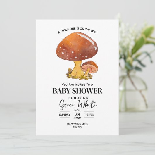 Mushroom Baby Shower Woodland Baby Dusche minimal Einladung (Stehend Vorderseite)