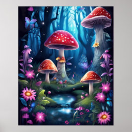 Mushroom Butterfly Verzauberter Wald BLAUE THEMA Poster