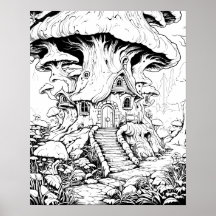 Mushroom Fairy House Fantasy Coloring Poster