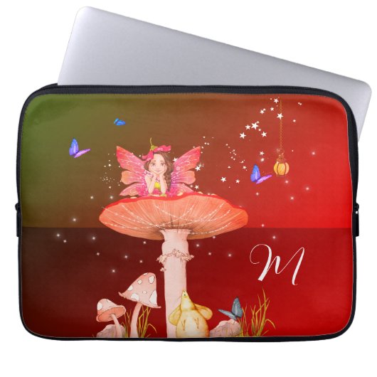 Mushroom Fantasy Monogram Orange Enchanted Fairy Laptopschutzhülle (Vorderseite)
