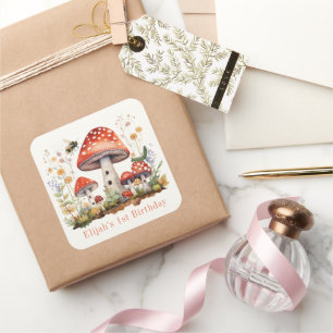 Mushroom Floral Beam Worm Boy Birthday Quadratischer Aufkleber