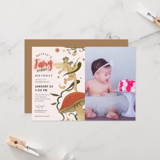 Mushroom Forest Fee Foto 1. Geburtstag Einladung (Vorderseite/Rückseite Beispiel)