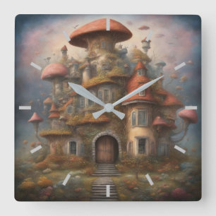 Mushroom House Wall Clock Quadratische Wanduhr