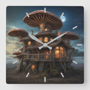 Mushroom House Wall Clock Quadratische Wanduhr