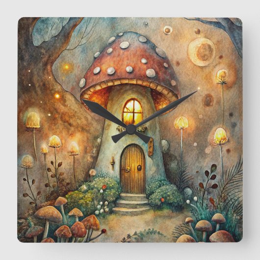 Mushroom House Wall Clock Quadratische Wanduhr (Vorderseite)