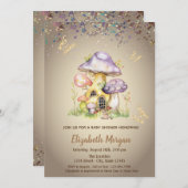Mushroom Houses Gold Butterfly Baby Dusche Einladung (Vorne/Hinten)