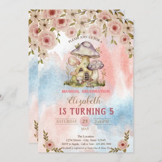 Mushroom Houses Wasserfarbene Blume Splash Geburts Einladung (Vorne/Hinten)