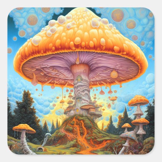 Mushroom Landscape Surreal Fantasy Art Quadratischer Aufkleber (Vorderseite)