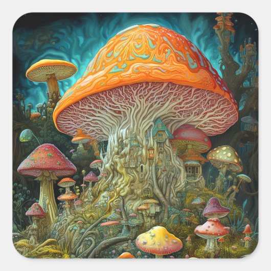 Mushroom Landscape Surreal Fantasy Art Quadratischer Aufkleber (Vorderseite)