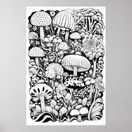 Mushroom-Linie zeichnend Klein Poster