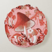 Mushroom Magic rosa und rot Rundkissen Rundes Kissen (Rückseite)