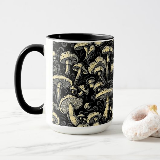 Mushroom Magie: Dicke Schwarz-Weiß-Tasse Tasse (Mit Donut)