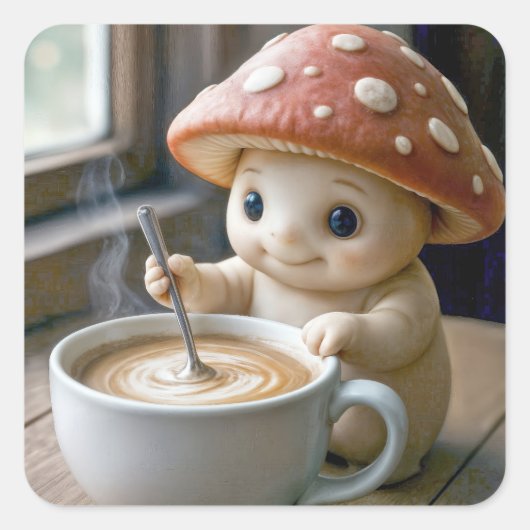 Mushroom Munchkin Stirring Morning-Kaffee Quadratischer Aufkleber (Vorderseite)
