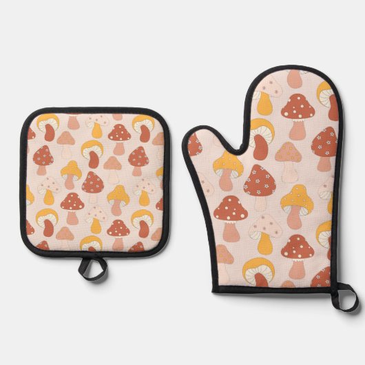 Mushroom Muster Retro Ofenhandschuh & Topflappen-Set (Vorderseite)