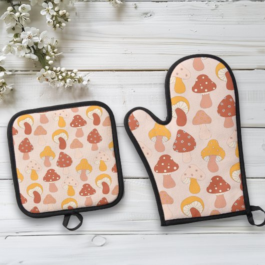 Mushroom Muster Retro Ofenhandschuh & Topflappen-Set