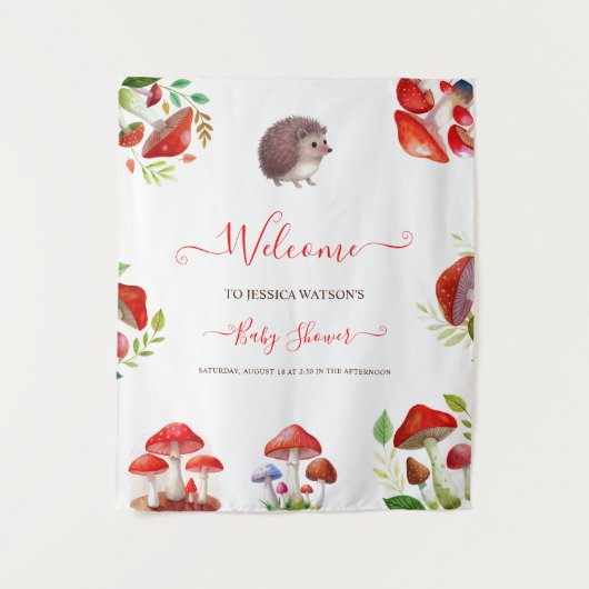 Mushroom Red Watercolor Forest Rustic Baby Dusche Wandteppich (Vorderseite)