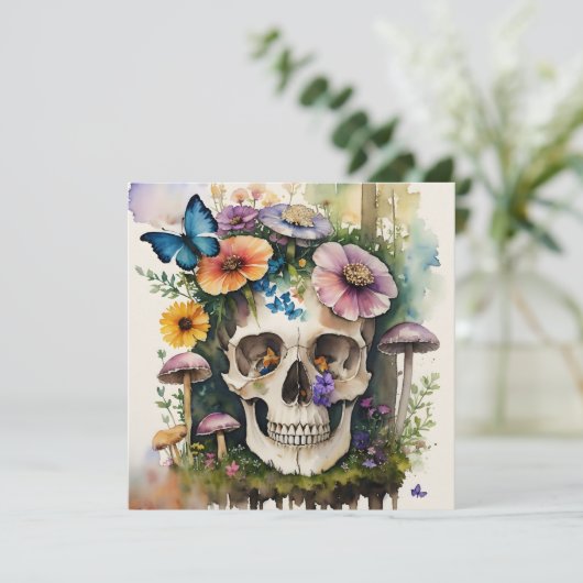 Mushroom Skull Floral Wasserfarbe Kunst Einladung (Stehend Vorderseite)