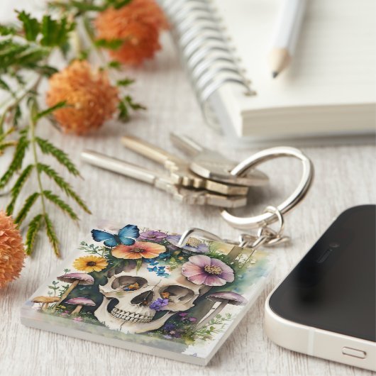 Mushroom Skull Floral Wasserfarbe Kunst Schlüsselanhänger (Vorderseite rechts)