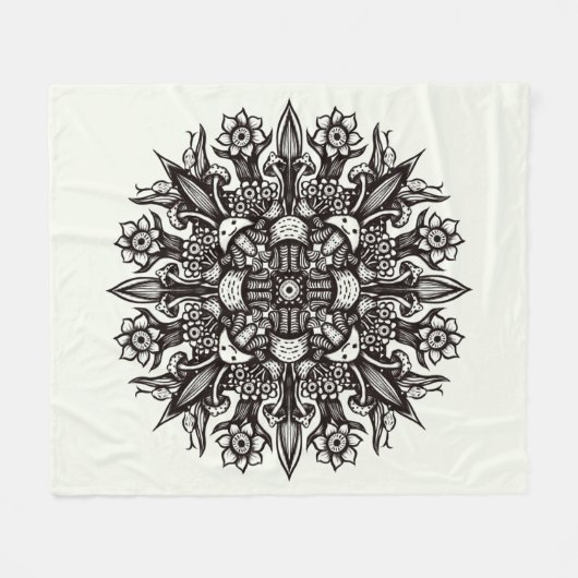 Mushroom tätoto Schwarz-weiß psychedelische Mandal Fleecedecke (Vorderseite (Horizontal))