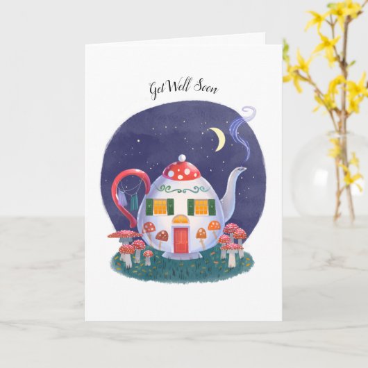 Mushroom Teapot-Hütte Got Well Card Karte (Gelbe Blume)