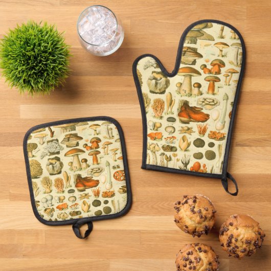 Mushroom Vintag Toadstool Antike Illustration Ofenhandschuh & Topflappen-Set (Oben Unten)