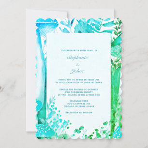Mushroom Woodland Blue Green Abstrakt Boho Wedding Einladung