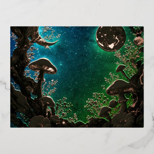 Mushrooms and Moons Teal Blue Fairycore Folien Feiertagspostkarte (Vorderseite)