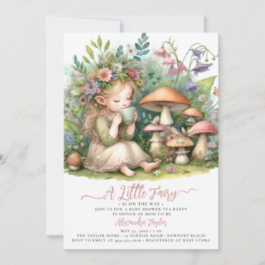 Mushrooms Baby Girl Dusche Wildblumen Fairy Tee Einladung (Vorderseite)