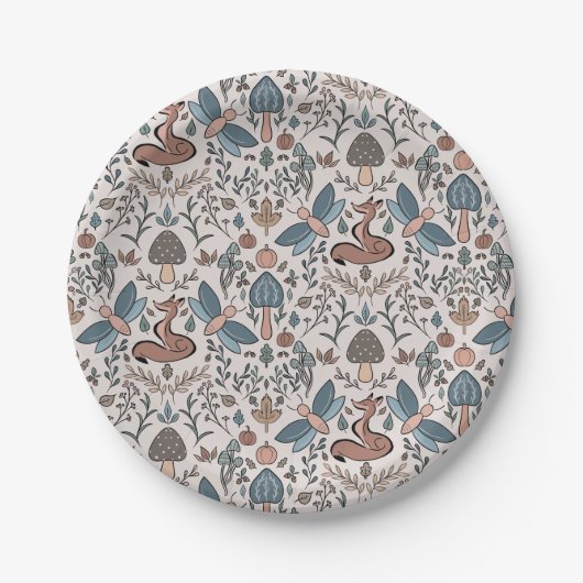 Mushrooms Fox & Dragonfly Niedliches Herbstmuster Pappteller (Vorderseite)